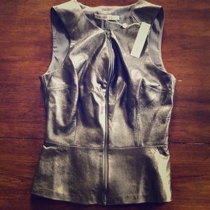 Trina Turk Gunmetal Metallic Peplum ZIP up top